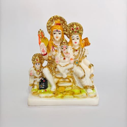 Image of Gold Plated Shiv Parivar Murti Marble Dust Statue for Home Mandir Pooja Room Office Gift | Shiv Parvati Ganesh Family Idol Statue Standard Size- Multicolor (5.5 Inch (14cm))