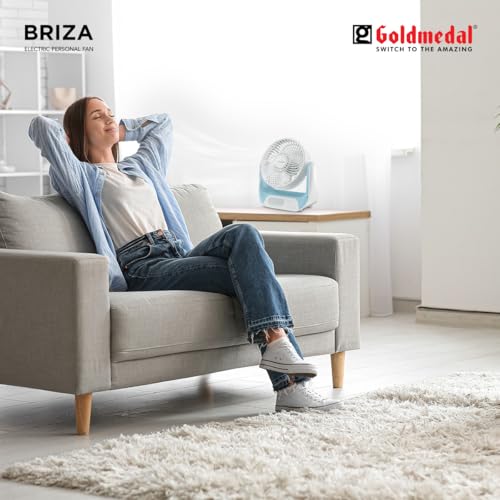 Image of Goldmedal Briza 150 mm Mini Portable Fan| Desk Mounted| Type-C USB-Powered Rechargeable Battery with 8-9 Hours Backup| 2-Light Brightness Dimming| Personal Fan for Home & Office (White-Blue)