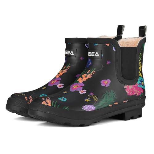 HISEA Women's Plush Rain Boots Waterproof, Chelsea Rubber Booties Women, Ladies Ankle Snow Boots for Winter Spring Garden Outdoor, Colorful Flower Size 8