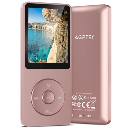 AGPTEK A02PL 64GB MP3 Player, 70 Hours Playback Lossless Sound Music Player, Supports up to 128GB(Rose Gold)