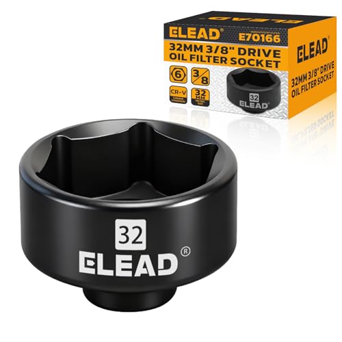 ELEAD 32 mm Oil Filter Socket Wrench 3/8 Drive 6-Point Oil-Filter Removal Tool Metric Oil Filter Wrenches Low Profile Design for Easy Removal Chrome Vanadium Steel Oil-Change Tool