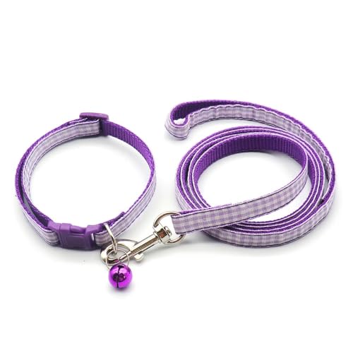 Small Dog Puppy Pet Collar and Lead Set Check Design Nylon Adjustable Size 19-32cm Collar with Bell and 120cm Leash Purple - Image 2
