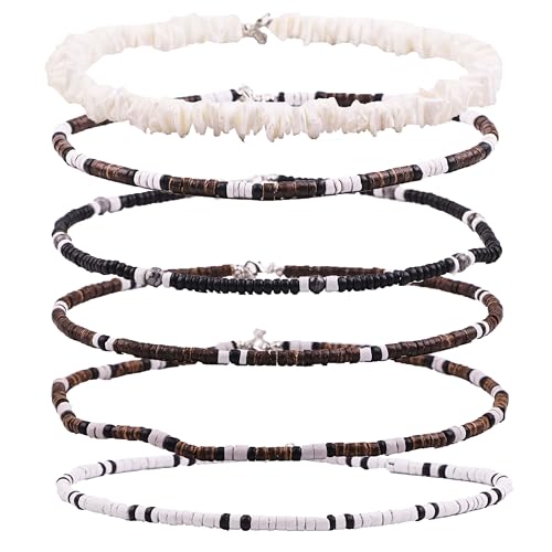 6Pcs Puka Shell Necklace Men Seashell Surfer Necklace for Men Women Hawaiian Choker White Necklaces Set Summer Beach Jewelry
