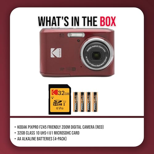 Image of Kodak PIXPRO FZ45 Digital Camera (Red) with Kingston Canvas Select Plus 32GB UHS-I microSDHC Memory Card with SD Adapter and Kratos Power 4 Pack AA High-Performance Alkaline Batteries Bundle (3 Items) | 16MP CMOS, 4x Optical Zoom, 2.7-Inch LCD, 1080p Full HD Video, Includes 32GB Class 10 SDHC and Aa Batteries, (4 Pack)