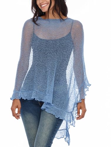 Image of SHU-SHI Women's Sheer Knit Poncho Shrug Lightweight Asymmetrical Ruffle Wrap Dressy Summer Shawl Cover Up Top