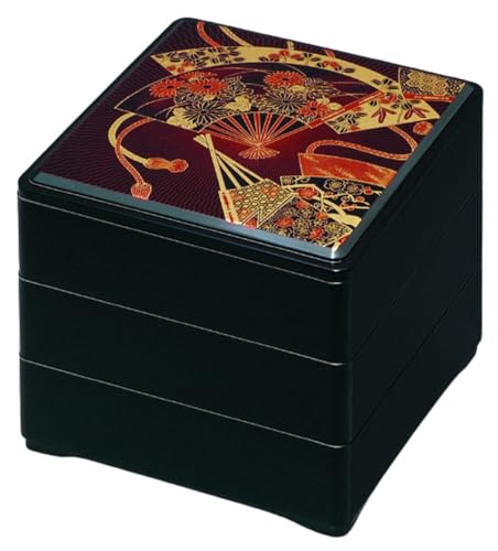 J-kitchens 重箱 3段 6.5寸 深型 お重箱 黒 扇面 19.7cm x 19.7cm x 19.3cm 日本製
