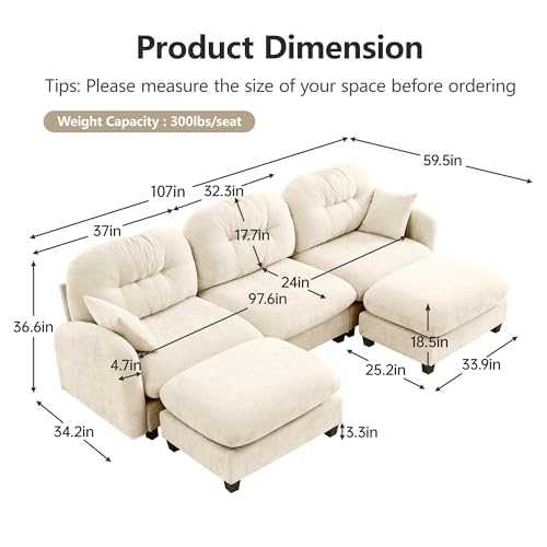 Image of KEIKI 107 inch U-Shaped Oversized Chenille Modular Sectional Sofa with 2 Ottoman, High-Density Foam Cushions, Tufted Pleated Cushion Backrest, Modern 3-Seater Couch with 2 Pillow, for Living Room, Beige