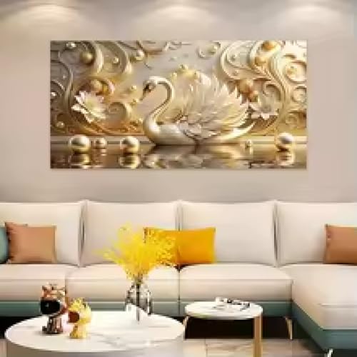 Cygne doré peinture murale de luxe 60x120 cm avec cadre premium pour salon élégant