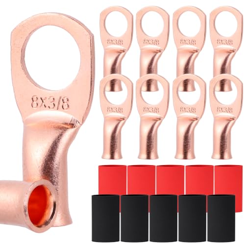 Image of 10Pcs 8AWG-3 /8 inchRing Copper Battery Lugs Wire Lugs,UL Listed Heavy Duty Battery Cable Ends,AWG Crimp Wire Ring Lugs,Terminal Connectors with 3:1 Heat Shrink Tubing. | UL,4:1 Heat Shrink Cable Ends,Wiring Connector Terminal End,Electrical Crimp Connectors