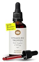 SUNDAY NATURAL® Vitamin B12-500 µg pro Vitamin B12 Tropfen – Bioaktive Formen B12 Methylcobalamin + Adenosylcobalamin – 900 Tropfen – Laborgeprüft, vegan, ohne unnötige Zusätze