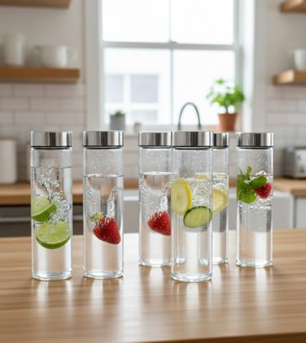 Image of OLIN Glass Fridge Water Bottle with BIG Steel Cap | Set Wide Mouth| with AirTight Leak Proof Reusable | Juicing, Smoothies, Beverage Storage | Reusable 750ml set of 4