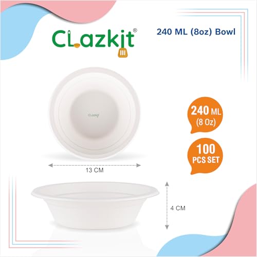 Image of Clazkit 240 Ml, 100-Pack Round Compostable Bagasse Bowls | Disposable Eco-Friendly Biodegradable Dinner | for Party, Wedding, Event