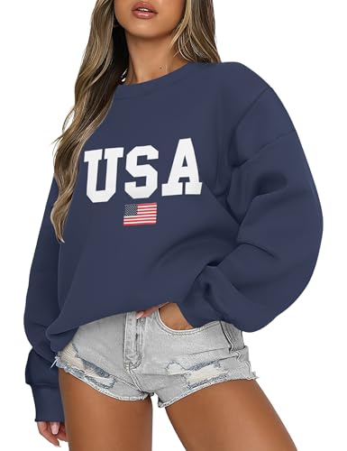 Micoson Ladies Casual Oversized Sweatshirts America Patriotic Tops Graphic Letter Print Pullover Hoodies Fashion Crewneck Clothes Navy M