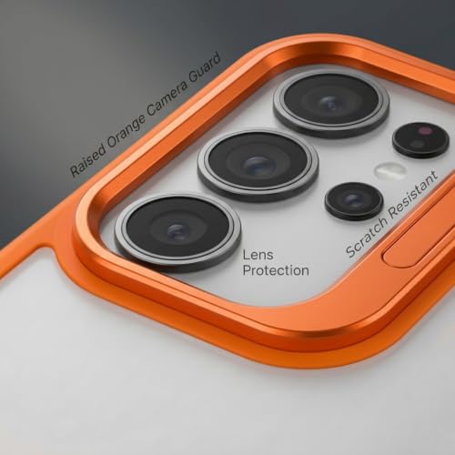 Image of amazon basics Frosted Matte Case for Samsung Galaxy S23 Ultra 5G | Built-in Flip-Out Camera Lens Stand | Translucent Back with Contrast Orange Bumper | Foldable Kickstand