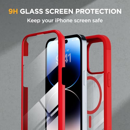 Image of Miracase Magnetic for iPhone 14 Pro Max Case 6.7 inch, (Compatible with MagSafe) Upgrade Full-Body Clear Phone Bumper Case with Built-in 9H Tempered Glass Screen Protector, Magnetic Red