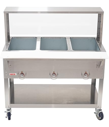 Kratos Commercial Electric Steam Table/Hot Food Table with Overshelf and Sneeze Guard, 3 Wells, Stainless Steel, Mobile, NSF, 120V (28W-202)