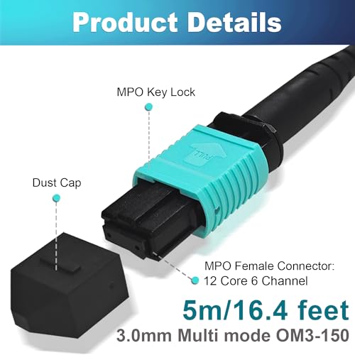 Image of GwliUni 2Pcs 5m MPO Fiber Optic Patch Cord, OM3-150 Multi-Mode Cable Jumper Plug, Female to Female, 12 Core 6 Channel Type B, PC end face, LSZH 3.0mm, Compatible with 8 Core 4 Channel MPO