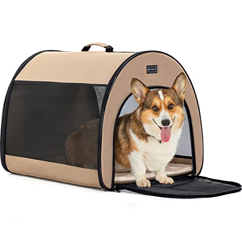 Petsfit Hundebox faltbar, tragbare & Atmungsaktive Hundebox für Zuhause mit Gewölbtem Design, Zimmerkennel Hund Hundeschlafbox mit Anti-Offener Reißverschluss und Plüschkissen,M, Khaki