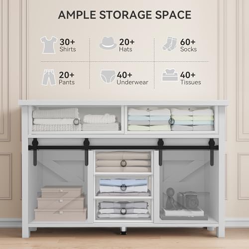 DWVO 54" Farmhouse Dresser for Room, Large Modern Chest of Drawers, Wood Rustic Dresser TV Stand with 5 Drawers & 2 Sliding Barn Doors for Living Dining Room, Entryway, Hallway, White