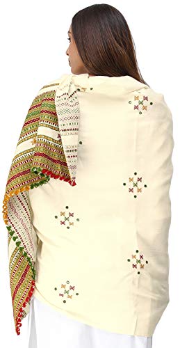 Image of Exotic India Women's Kutch Wool Shawl (SHV95--beige)