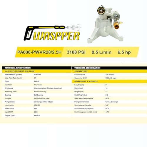 Hochdruckreiniger Pumpe Ersatzpumpe 3100 PSI 210 Bar – Vertikale Hochdruckreiniger Pumpe mit 8,5 L/min und 6,5 HP – Ersatzpumpe für Benzin Hochdruckreiniger – Waspper PA000-PWVR28/2.5H