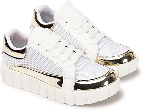 Image of MADANA Women's | Girls Casual Stylish Sneaker Shoes | Black-Shiny Golden | Smart Casual Shoes - 1133