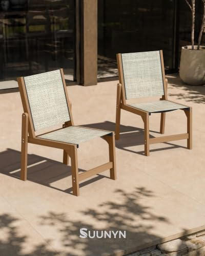 Image of Patio Stackable Chair, HDPE Armless Outdoor Dining Chairs with Wide Seat, All-Weather Textilene Oversized Porch Chair for Garden, Poolside, Backyard, Deck | Teak