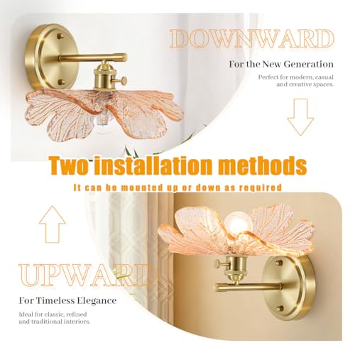 Image of Unique Wall Light Set of 2 with Amber Glass Petals Over Mirror | Vintage Wall Sconce Set of 2 Bathroom Vanity Lights, flower Glass Shade &Gold Brass E26 Base, Easy to install, For Hallway