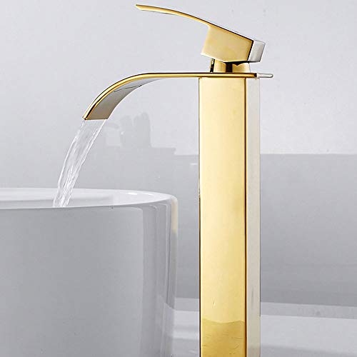 Robinet salle de bain lavabo haut cascade bec pour vasque,Mitigeur eau froide et chau moderne carré chromé trou simple (Doré) Cover