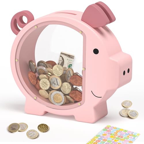Pink Piggy Bank for Girls, Clear Piggy Bank for Kids,Large Animal Coin Bank, Unbreakable Wooden Money Bank for Toddler Real Money Toy Personalized for Child Birthday & Decor