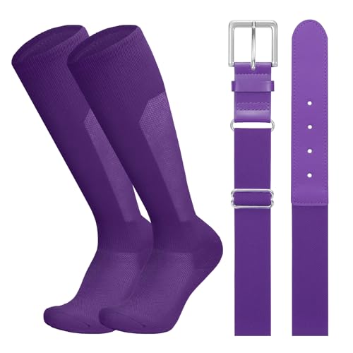 LEACOOLKEY Baseball Belt and Socks Combo Set Breathable Softball Socks and Elastic Belt for Adult Men Women Purple