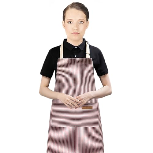 Shunshi Adjustable Apron, Unisex Apron with 2 Pockets, Cotton Linen Cooking Kitchen Accessories Chef Bib Aprons for Women Men Home Baking Gardening Household Cleaning BBQ Restaurant (Pink Strips)