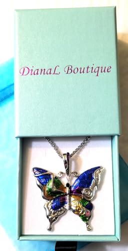 DianaL Boutique Silvertone Colorful Butterfly Pendant Necklace 24" Stainless Steel Chain3