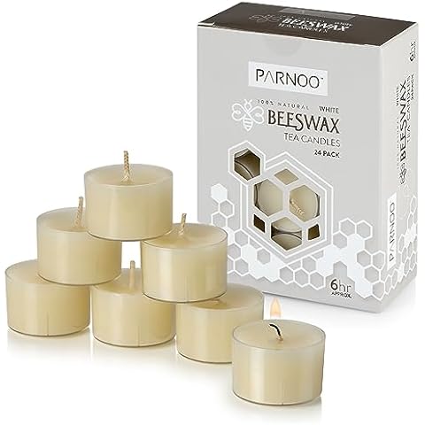 PARNOO 100% Natural White Beeswax Tealight Candles in Clear Plastic Cups, 6 Hours Burn time - Pack of 24 Cover