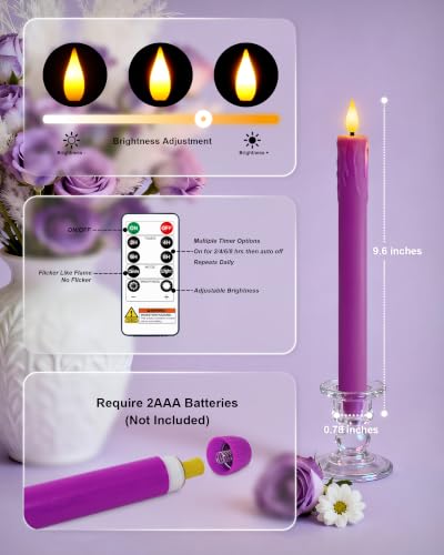 Image of Homemory 3 Pcs Waxy Purple Flameless Taper Candles with Remote Timer, LED Fake Candlesticks, 9.6 Inches Battery Tall Candle with 3D Flickering Flame for Wedding, Dinner, Christmas Anniversary Decor
