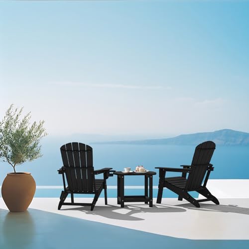 Image of Plawdlik Folding Adirondack Chair Set of 4, Cup Holder,Wooden Textured ,Heavy All-Weather HDPE Comfortable Set Poolside Backyard Lawn Black