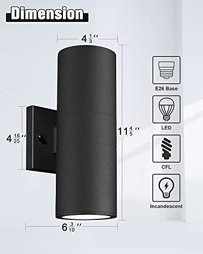 Image of Ken & Ricky Cylinder Outdoor Wall Sconce Lights,Up and Down,Black,2 Pack | Aluminum Waterproof Outdoor Wall light,No Glare,Exterior Lighting Fixtures,E26 Base,For Porch House Garage Front Door Patio