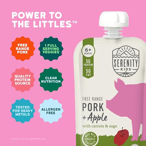 Image of Serenity Kids 6+ Month Pork Baby Food Pouches - Free Range Pork + Apple with Organic Carrots & Sage - BPA-Free Food Pouches for Baby - 3.5 Oz, 1 Count