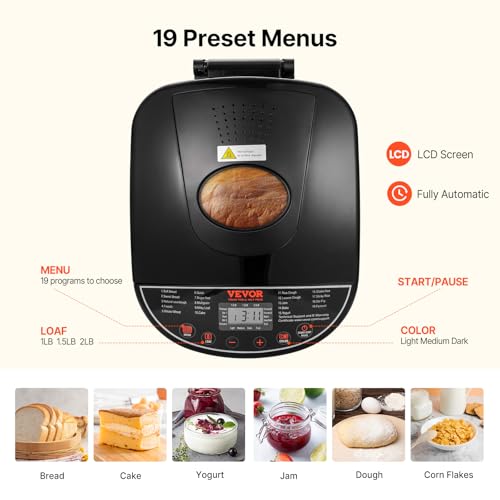 Image of VEVOR Bread Maker, 19-in-1 2LB Dough Machine, Nonstick Ceramic Pan Automatic Breadmaker with Gluten Free Setting, Whole Wheat Bread Making, Digital, Programmable, 3 Loaf Sizes, 3 Crust Colors