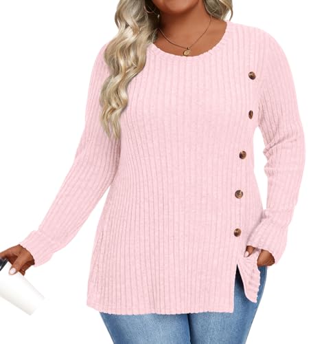 Image of HOTGIFT Womens Plus Size Sweater Tops Long Sleeve Crewneck Casual Tunic Shirts Buttons XL-5XL Blouse Soft Comfy Fashion