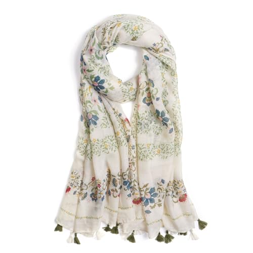 QIUTIMIY Scarf for Women Lightweight Soft Floral Printed Scarves Fall Winter Fashion Shawl Wrap with Fringe(Flower-Beige Green)