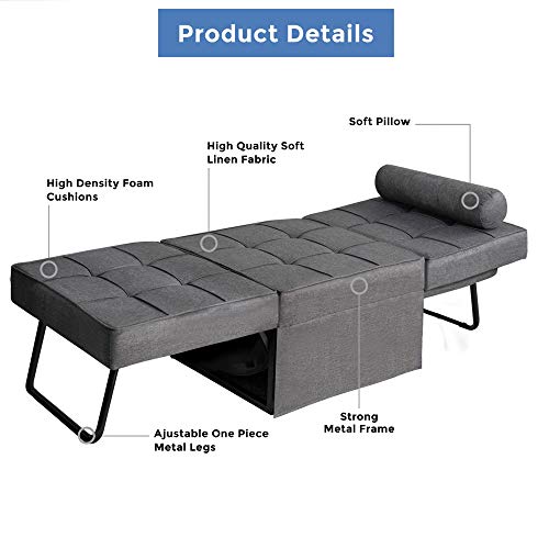 GOOD & GRACIOUS 4 in 1 Ottoman Bed Sleeper Couch, Adjustable Convertible Chair Folding Futon Sofa Bed with Multi-Function for Living Room Bedroom and Small Space, Dark Grey - Thumbnail 7