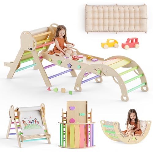 Image of KidsBuddy Pikler Triangle Set with Cushion 11 in 1 Climbing Toys for Toddlers Inside Montessori Toys Toddler Climbing Toys Indoor Wooden Climbing Gym with Drawing Board, Maze Shape Sorter, Car Toys