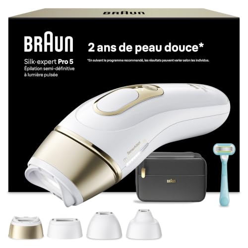 Braun Epilateur Lumiere Pulsee Silk·expert Pro 5 PL5431, Blanc et Or – Alternative au Laser à Domicile, Filaire, avec Pochette, Rasoir Gillette Venus, 4...