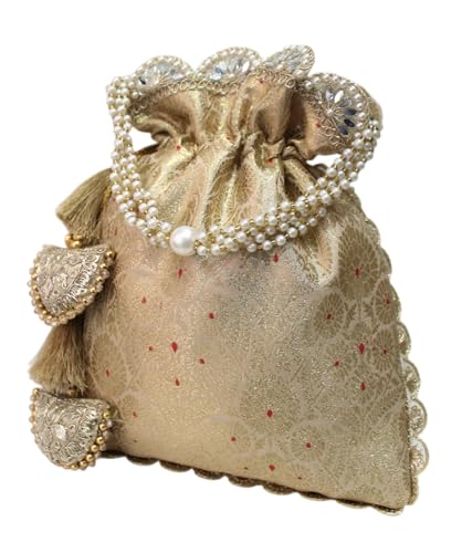 Image of MILAN'S CREATION Pure Banarasi Potli Silk Brocade Bag Purse Drawstring Women's handbag with Pearl Handle & Tassel Weddings