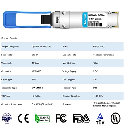 Image of 40G QSFP+ PLR4 PSM for Juniper QSFPP-4X10GE-LR JNP-QSFP-4X10GE-LR 4 x 10GBASE-LR 40GBASE QSFP+ PLR4 1310nm 10km DOM MTP /MPO-12 SMF Optical Transceiver Module