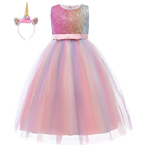 HOIZOSG Girls Unicorn Rainbow Tulle Dress Sequins Princess Birthday Halloween Christmas Pageant Dance Party Ball Gown w/Headband Multicolored 4-5T Cover