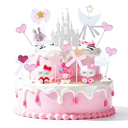 Lot de 16 décorations de gâteau Kity Sanr-i - Décoration de gâteau en forme de chaton - Figurines de dessin animé - Décorations d'anniversaire pour filles