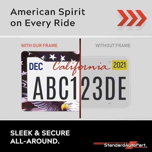 Image of StandardAutoPart American Flag License Plate Frames - Plastic USA Flag Car Tag Holder with Screws Caps and Patriotic Decals - Universal Fit (American Flag Eagle - 2 Pack)