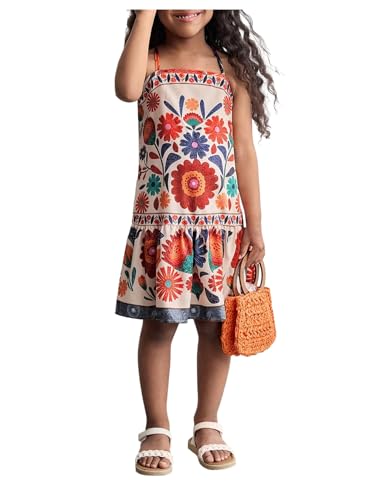 Girl's Boho Print Ruffle Cami Dress Floral Square Neck Spaghetti Strap Summer Beach Dresses